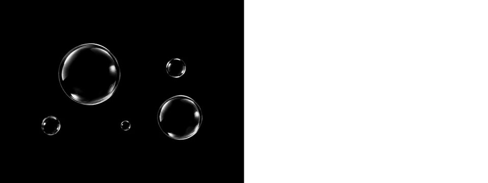 Realistic transparent soap bubbles with rainbow reflection isolated on black background isolated on transparent background