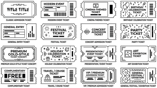 Event admission ticket layout templates collection in minimal line art style.