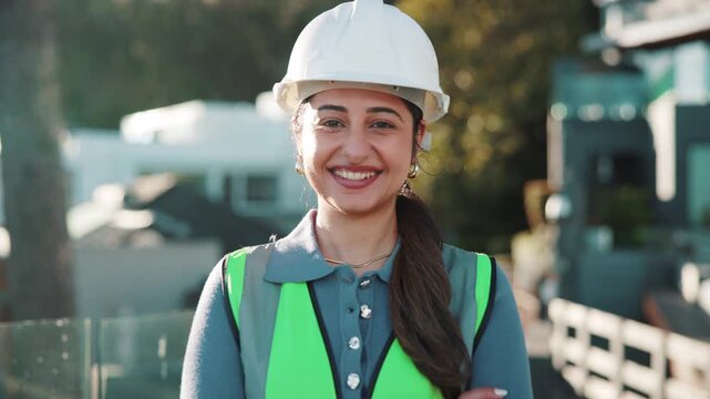 Face, woman and construction engineer with confidence outdoor, smile and building development. Contractor, arms crossed and happy female person at site, pride or engineering supervisor laughing