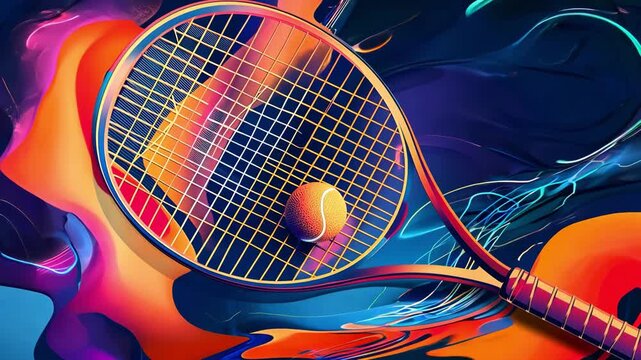 Tennis racket and ball surrounded by swirling orange and blue color waves, dynamic sport art, energy and competition, active lifestyle concept.