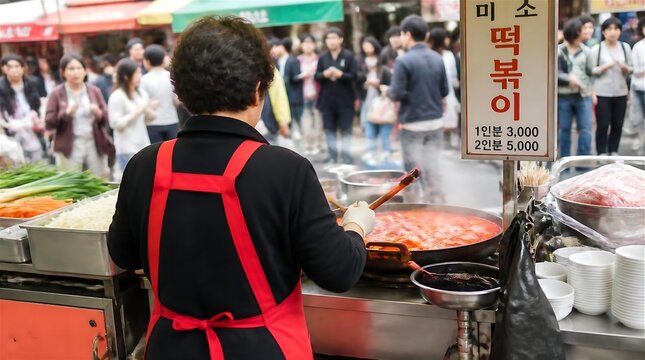 Korean Vendor in Red Apron Cooking Tteokbokki at Busy Street Food Market with Tteokbokki Sign 3000 Won