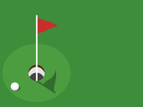 A golf ball near the hole with a red flag on a green course.