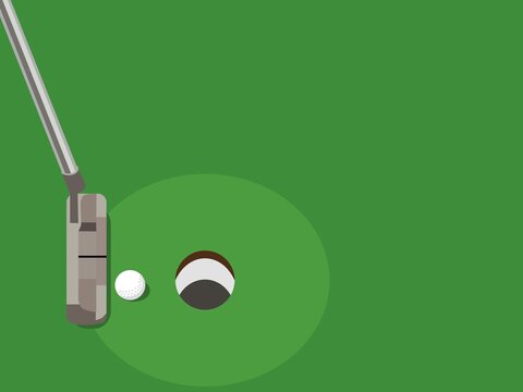 A golf putter aiming a ball toward the hole on a green field.