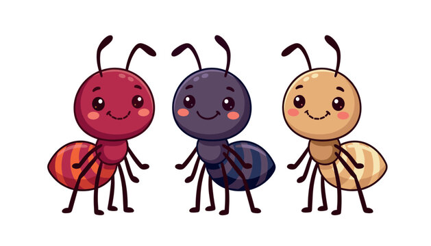 Cute cartoon ants character collection in red purple and gold colors, isolated friendly insect illustration set.