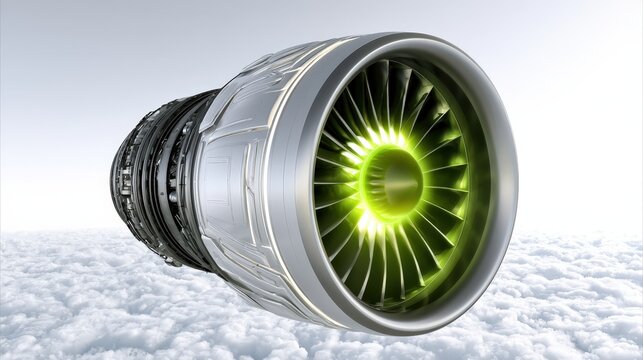 A high-tech jet engine turbine glows with green light flying above thick clouds. Conceptual image for future aviation technology and eco-friendly air travel.