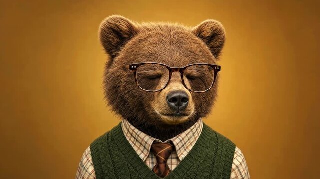 Intellectual brown bear male cartoon character blinking while wearing a shirt, tie, and sweater vest