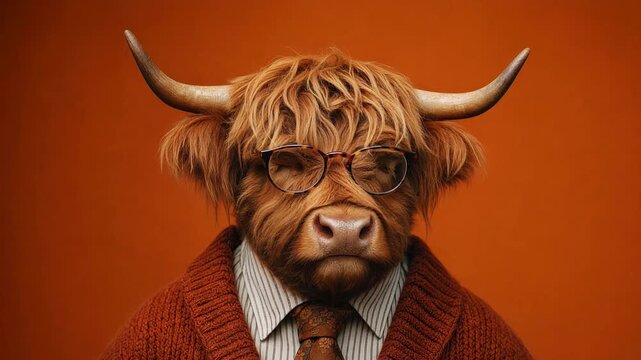 Elegant highland cow male cartoon character with glasses and a tie blinking and looking around