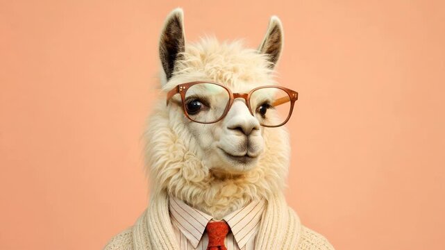 Funny alpaca male cartoon character dressed as a businessman with a sweater, tie, and glasses on a pink background
