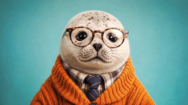 Charming and clever baby seal male cartoon character blinking while wearing stylish glasses and formal clothes