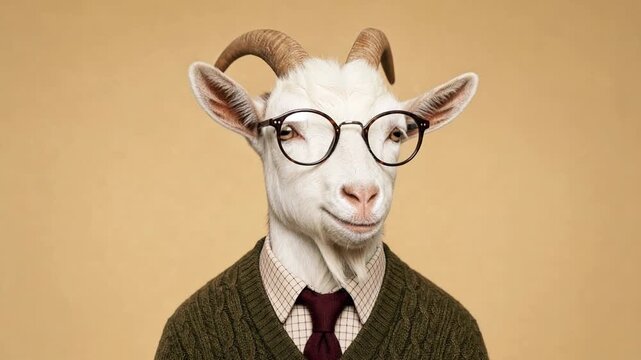 Anthropomorphic goat male cartoon character with glasses and formal attire making funny faces and blinking