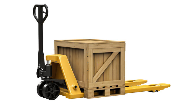 Yellow pallet jack lifting wooden crate, isolated on transparent background