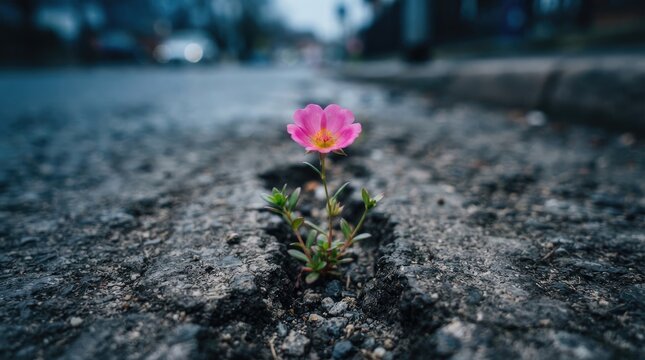 A single vibrant pink flower growing through a crack in the asphalt road, symbolizing resilience, hope, and natures persistence in an urban environment world kindness day