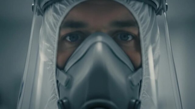 A closeup portrait of a medical professional wearing a full protective hazmat suit, face shield, and respirator mask, prepared for highrisk infectious disease control