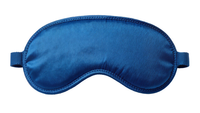 Blue satin contoured eye mask with adjustable strap, isolated on transparent background
