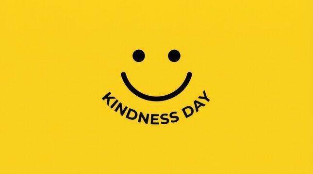 A yellow background featuring a black smiley face icon with the text kindness day written underneath, representing positivity, happiness, and the spirit of being kind world kindness day