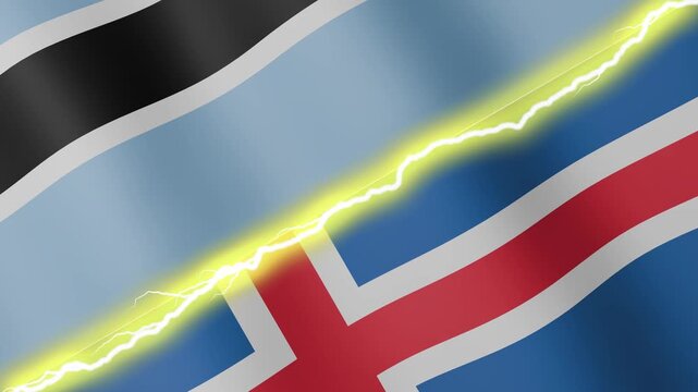 Two waving flags Botswana and Iceland with diagonal lightning seamless, 4k loop