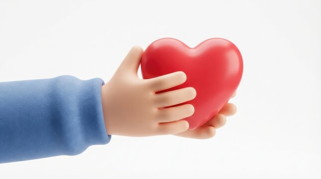 A 3d render of a cartoonstyle hand holding a smooth, red heart, symbolizing love, care, health, and kindness, isolated on white background world kindness day