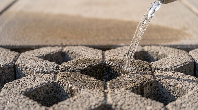 Clear water stream pouring into porous concrete blocks on a sunny day, highlighting drainage and hydration