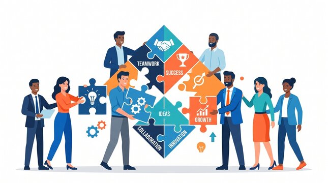 A diverse team of business professionals collaborating to assemble a large puzzle featuring key business values like teamwork, success, innovation, and growth.
