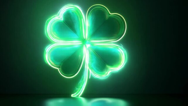 Glowing neon four leaf clover outline on a dark background, luck and fortune symbol, modern Saint Patricks Day design, bright green light art.
