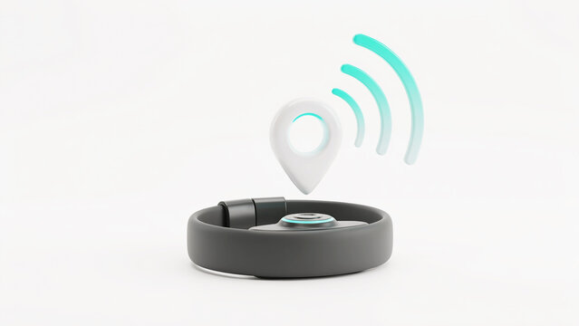 Modern wearable device displaying wireless signal and location pin icon on transparent background