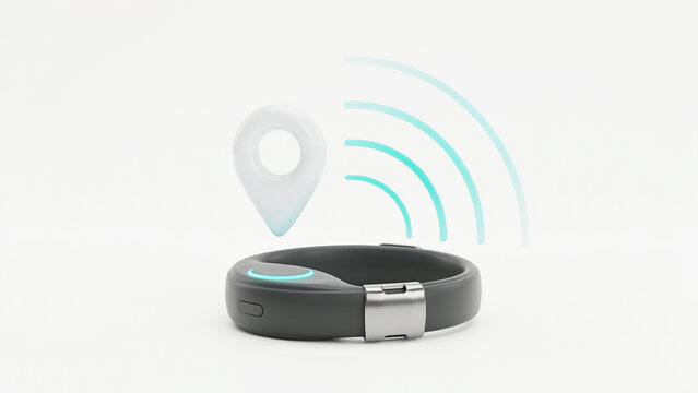 Modern wearable device with location tracking and wireless signal indicators displayed above it