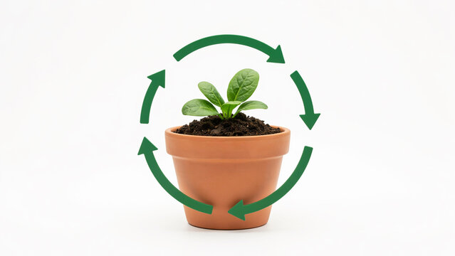 Plant in terracotta pot surrounded by circular green arrows symbolizing growth cycle and sustainability