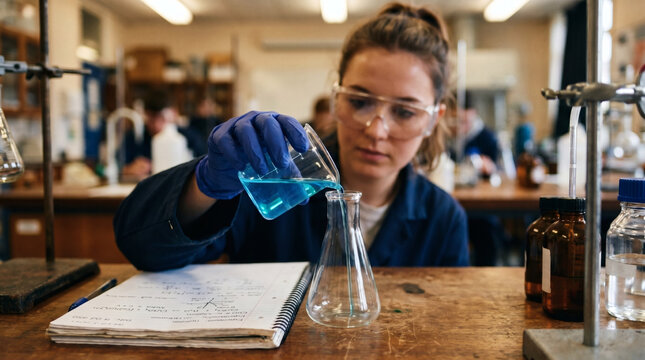 student in safety goggles pouring blue chemical liquid into erlenmeyer flask close up science lab experiment chemistry research education laboratory glassware blue gloves wooden desk chemical formulas