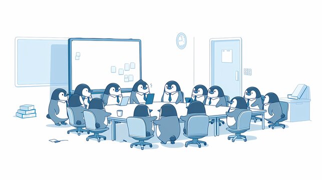 ネクタイを締めたアデリーペンギンたちの会議、ビジネス会議室のユーモラスなベクターイラスト