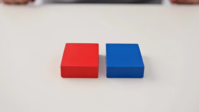 ?Hands aligning colorful red and blue blocks on table in satisfying sequence