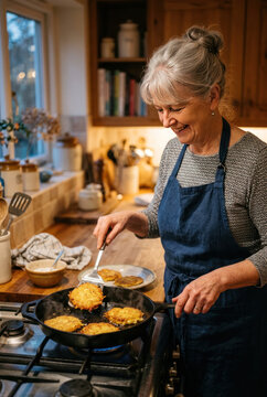 Senior woman preparing homemade latkes in a cozy kitchen, preparations for Hanukkah celebration. 