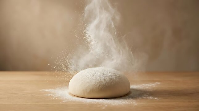 Fresh raw bread dough on a wooden table with flour dusting in the air in a rustic bakery kitchen