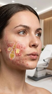 Microbial skin disorder: Staphylococcus spread, pore blockage, sebaceous gland, skin inflammation, acne develop, facial pustule, follicle infection, sebum increase, bacterium multiply.
