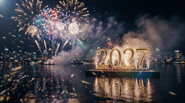 Espectacular celebraci&oacute;n de A&ntilde;o Nuevo 2027 con n&uacute;meros tridimensionales brillantes y fuegos artificiales hiperrealistas iluminando el cielo nocturno.