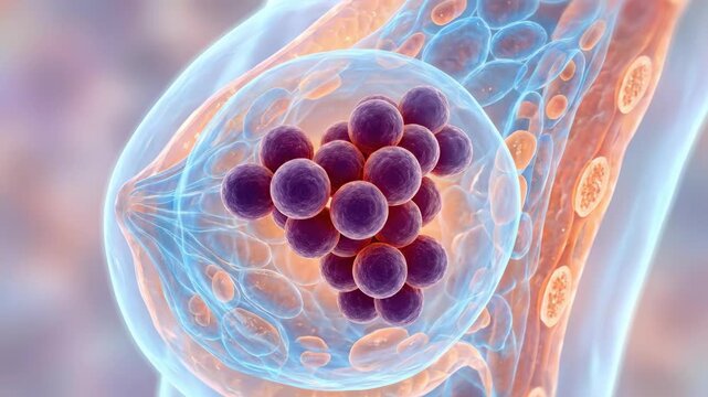 Bacterium growth depiction: Staphylococcus coccus, mammary gland, infection process, breast duct, disease state, cellular view, microscopic insight.