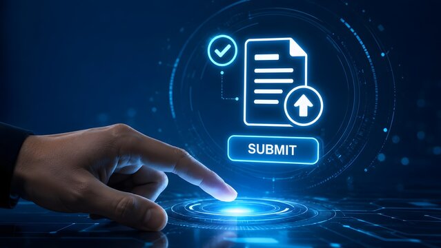 Hand touching a glowing digital submit button with document upload icons. Concept of online file submission and electronic verification.