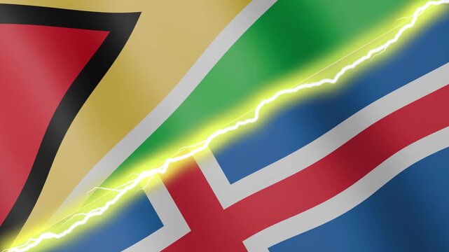 Two waving flags Guyana and Iceland with diagonal lightning seamless, 4k loop