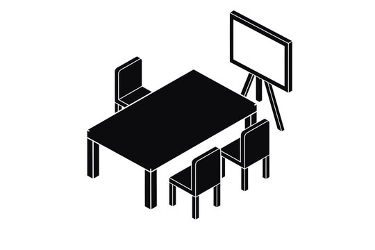 A simple isometric black and white icon of a small meeting room featuring a rectangular table with three chairs and a presentation easel board