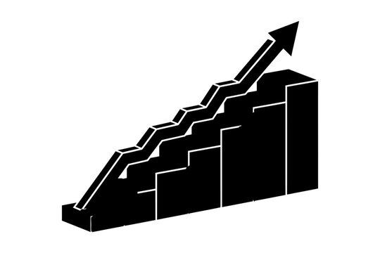 A black and white isometric bar chart icon representing business growth and financial success with an upward pointing arrow isolated on a white background
