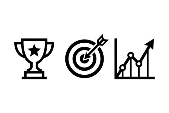 A set of three black business icons representing a trophy for achievement a target with an arrow for goals and a rising growth chart