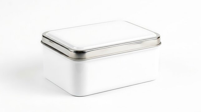 White stainless steel tin box, shiny metal box container on isolated white background