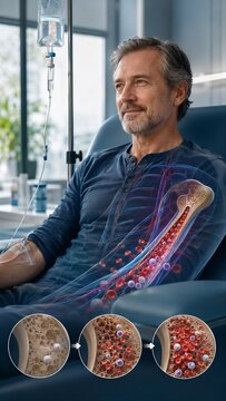 Man receiving intravenous drip with anatomical visualization of bone marrow and blood cells. Concept of stem cell therapy, hematology and blood regeneration treatment.