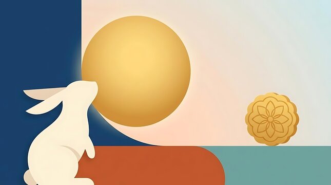 Minimalist Mid-Autumn Festival Illustration Featuring a Traditional Jade Rabbit and Golden Full Moon with Festive Mooncake Design