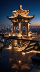 Obraz premium Elegant ancient Chinese pavilion stands on modern rooftop terrace at dusk. Ornate stone structure with warm lights overlooks glowing city skyline. Urban luxury terrace features luxury lounge area,