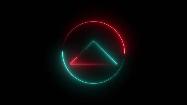 Neon glowing circle and triangle frame on black background