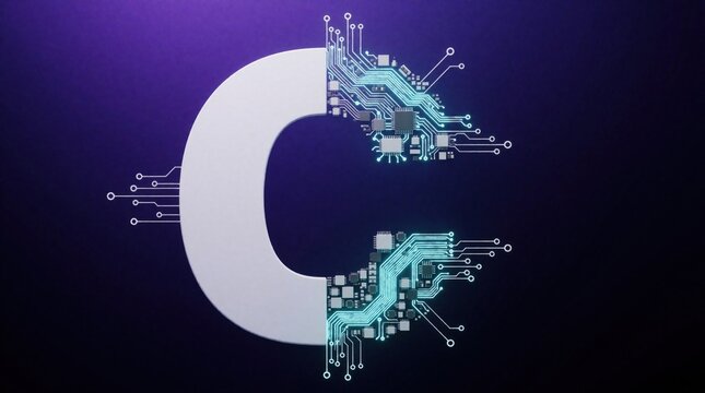 Abstract white letter C with blue glowing circuit board design. Digital tech concept shows electronic microchip pattern, futuristic hardware connection. Modern graphic symbol represents artificial
