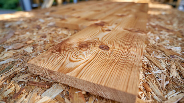 Close up of natural solid pine board surface with pronounced growth rings, knots and longitudinal wood grain, rough OSB composite panel positioned behind the board, contrasting organic timber textur