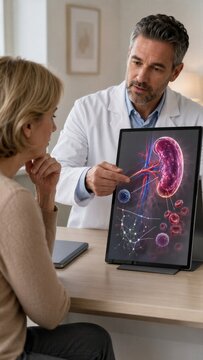 Doctor showing patient 3d kidney model on digital tablet during medical consultation. Nephrology diagnosis with modern technology. Healthcare and digital medicine concept.