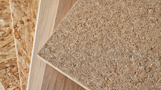 Detailed close up of wood fiber insulation board with porous natural fibers and rough organic surface, OSB chipboard panels softly layered behind it, contrasting fibrous and compressed wood textures