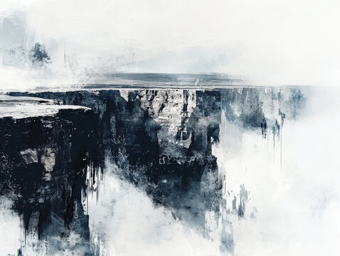 A textured, dark cliff edge overlooks a hazy horizon, its lower half abstractly dissolving into flowing white mist and drips